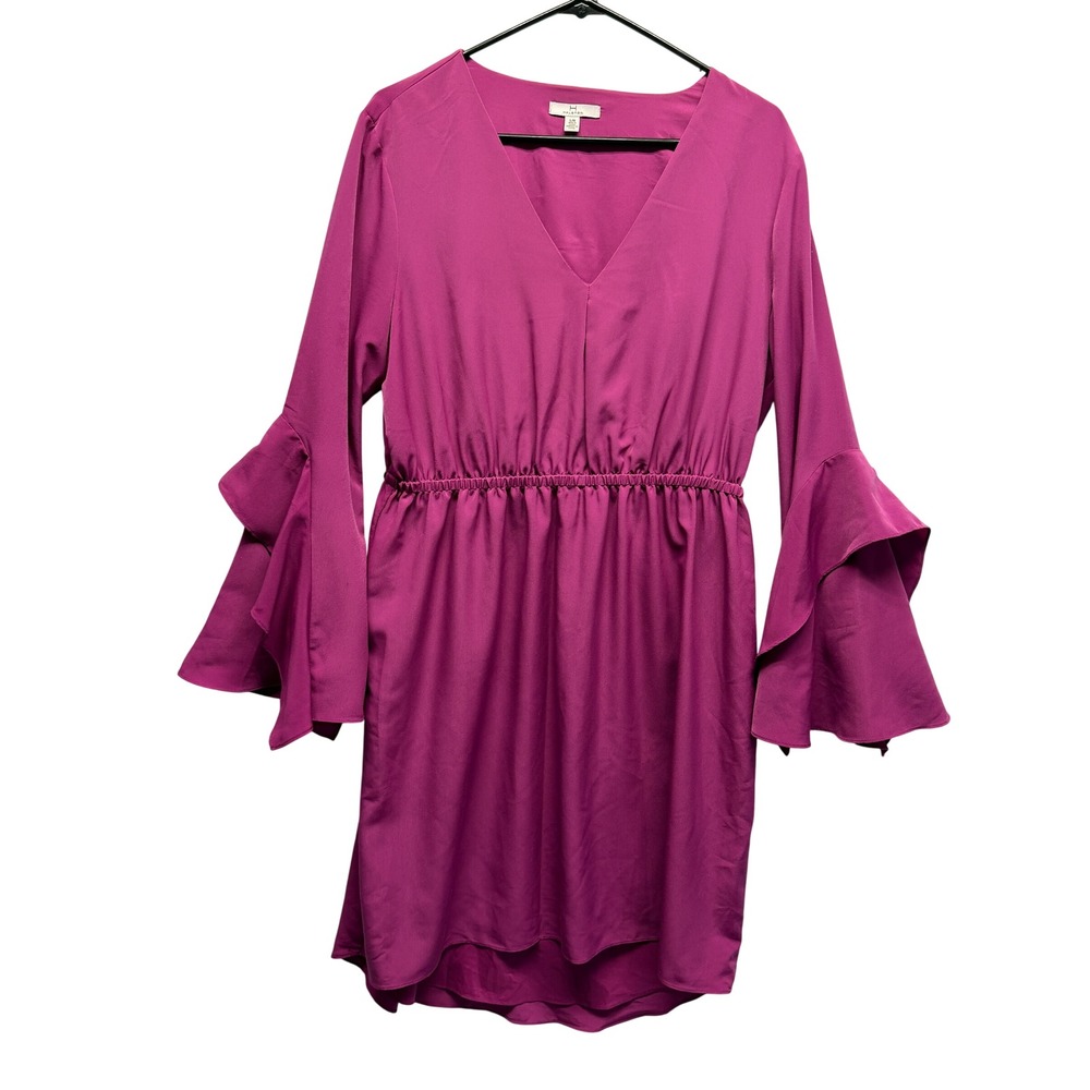 Halston Heritage Magenta Purple‎ V-Neck Tiered Bell Sleeve Mini Dress Large